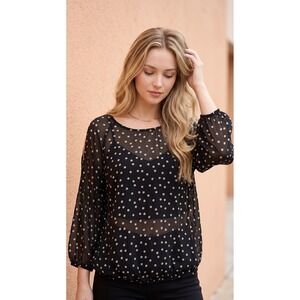 Gap Sheer Black Polka‎ Dot Cold Shoulder Blouse Balloon Sleeve Top Womens Lg